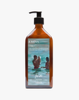 La Eva x Meinke Flesseman "Summer Swimmers" original artwork on label Blu 500ml face and body lotion in an amber glass pump bottle
