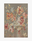 "At Your Pace" by Valeska Hykel for La-Eva Spice collection An abstract floral art print featuring soft, painterly rose-like blossoms in blush pink, cream, and muted gray tones against a textured slate-blue background.