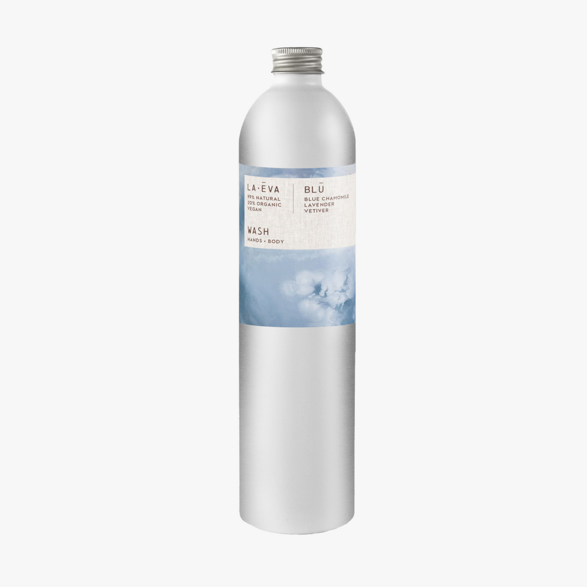 A tall, slender aluminium bottle of Blü Hand & Body Wash sustainable refill. Label featuring Rose-Marie Caldicott artwork.