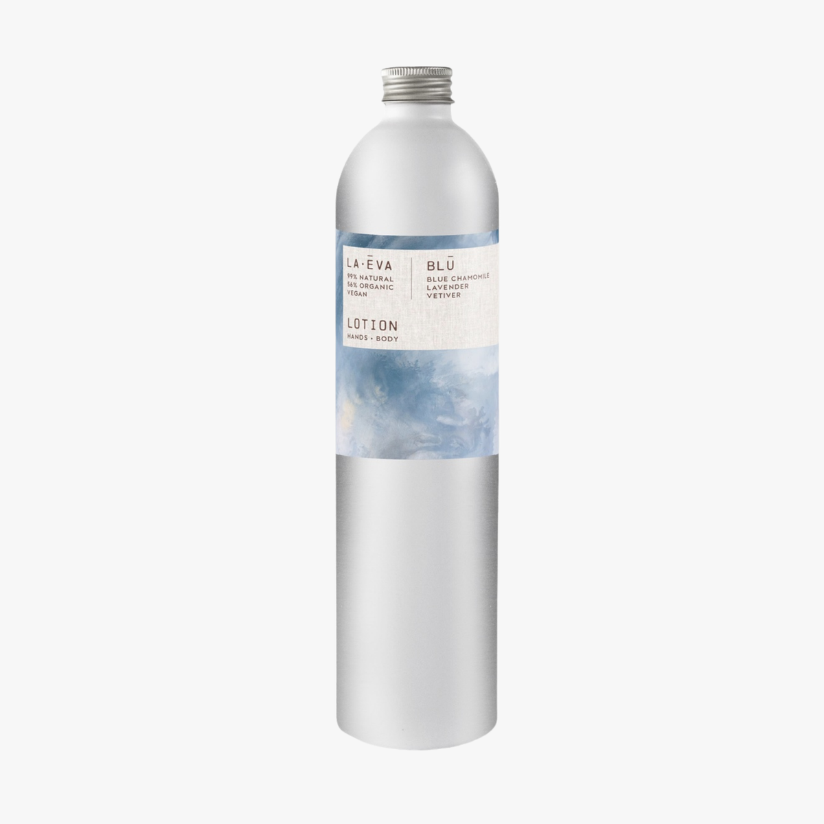 A tall, slender aluminium bottle of Blü Hand & Body lotion sustainable refill. Label featuring Rose-Marie Caldicott artwork.