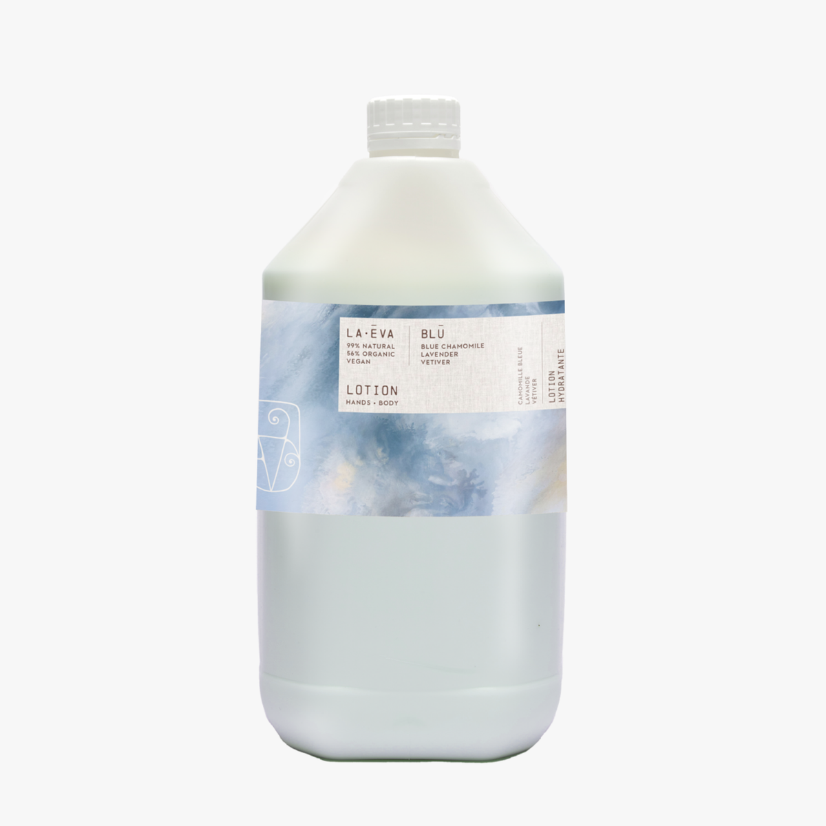 A 5-litre bottle of Blu hand and body lotion with a label featuring Rose-Marie Caldecott artwork and the brand name LA EVA.