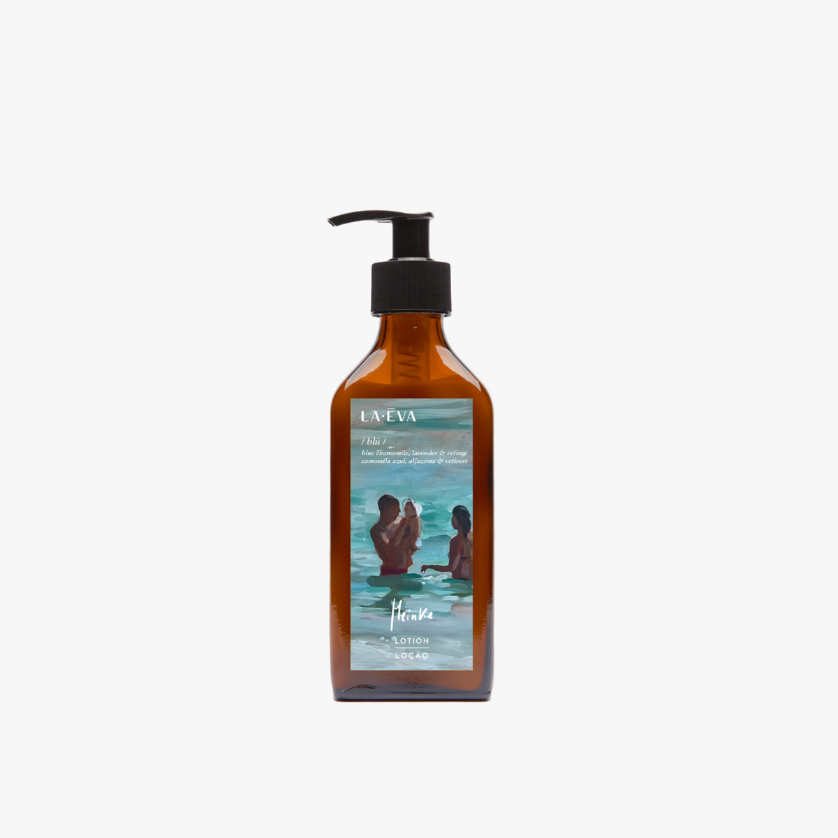 La Eva x Meinke Flesseman "Summer Swimmers" original artwork on label Blu 200ml face and body lotion in an amber glass pump bottle