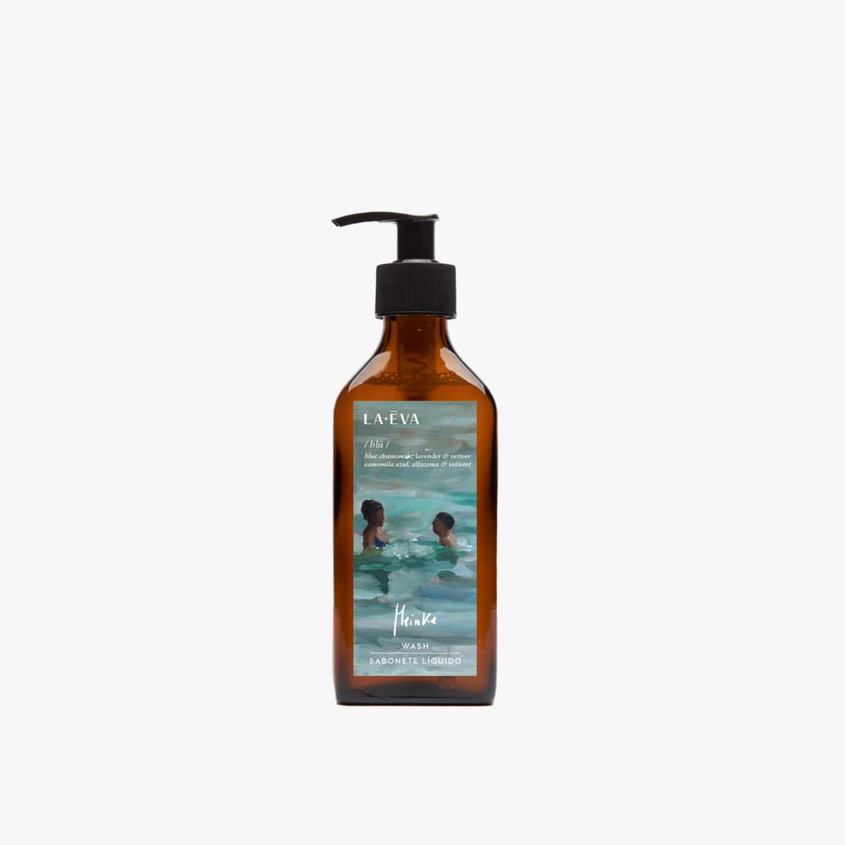 La Eva x Meinke Flesseman "Summer Swimmers" original artwork on label Blu face and body wash in an amber glass pump bottle