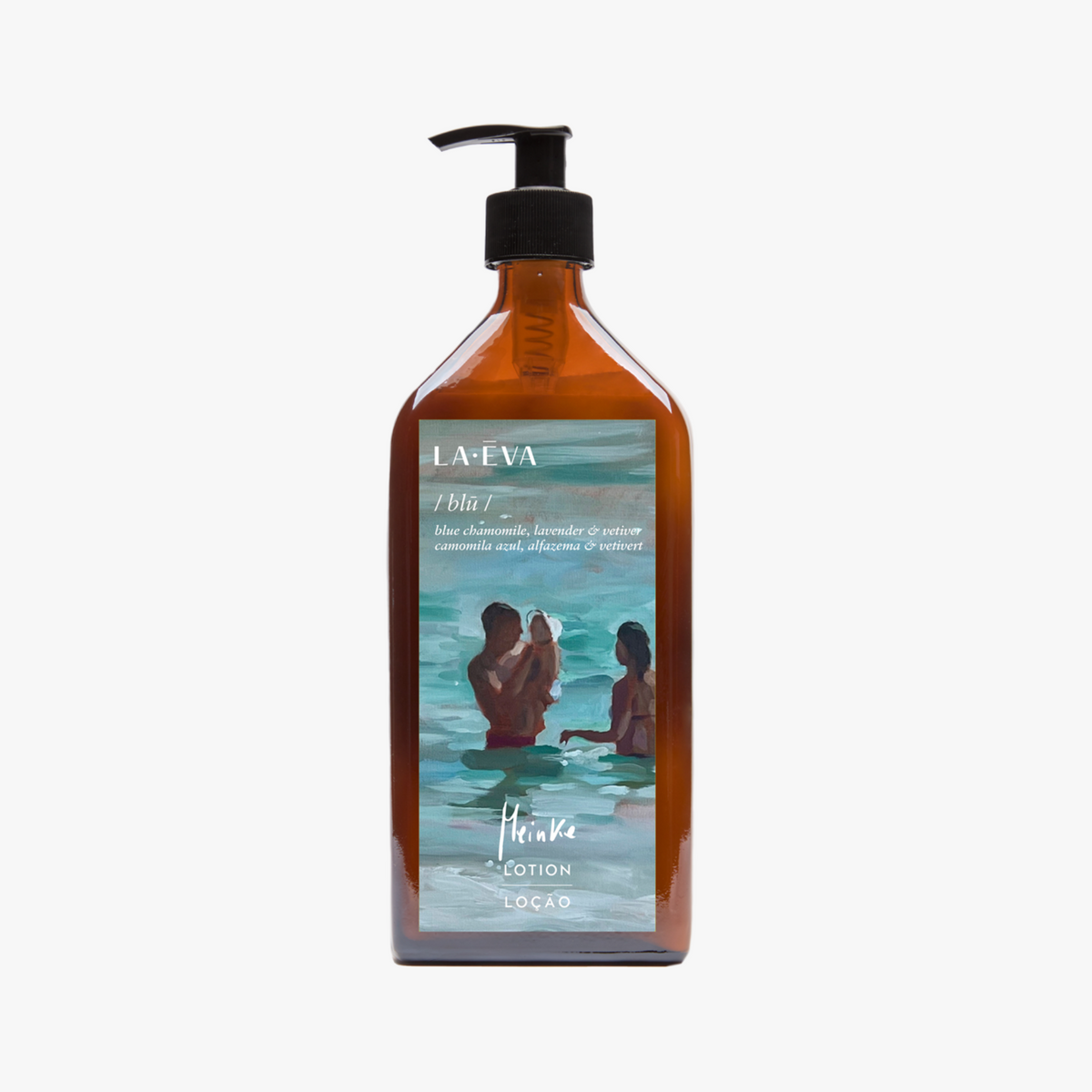 La Eva x Meinke Flesseman "Summer Swimmers" original artwork on label Blu 500ml face and body lotion in an amber glass pump bottle