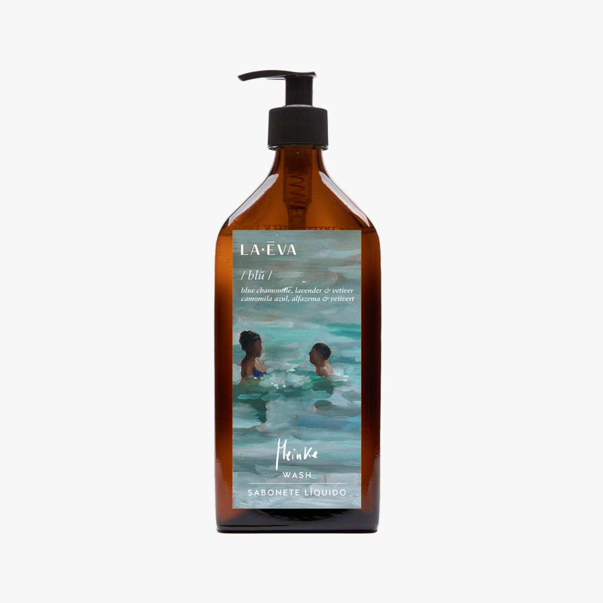 La Eva x Meinke Flesseman "Summer Swimmers" original artwork on label Blu face and body wash in an 500ml amber glass pump bottle