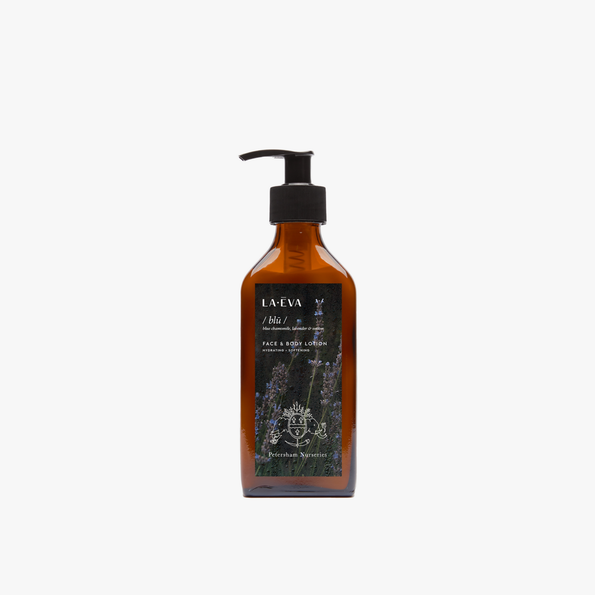 La Eva x Petersham Nurseries Blu face and body lotion in an amber glass pump bottle