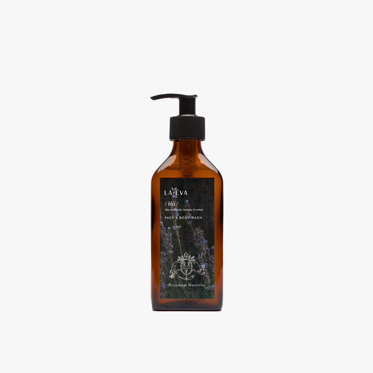 La Eva x Petersham Nurseries Blu face and body wash in an amber glass pump bottle