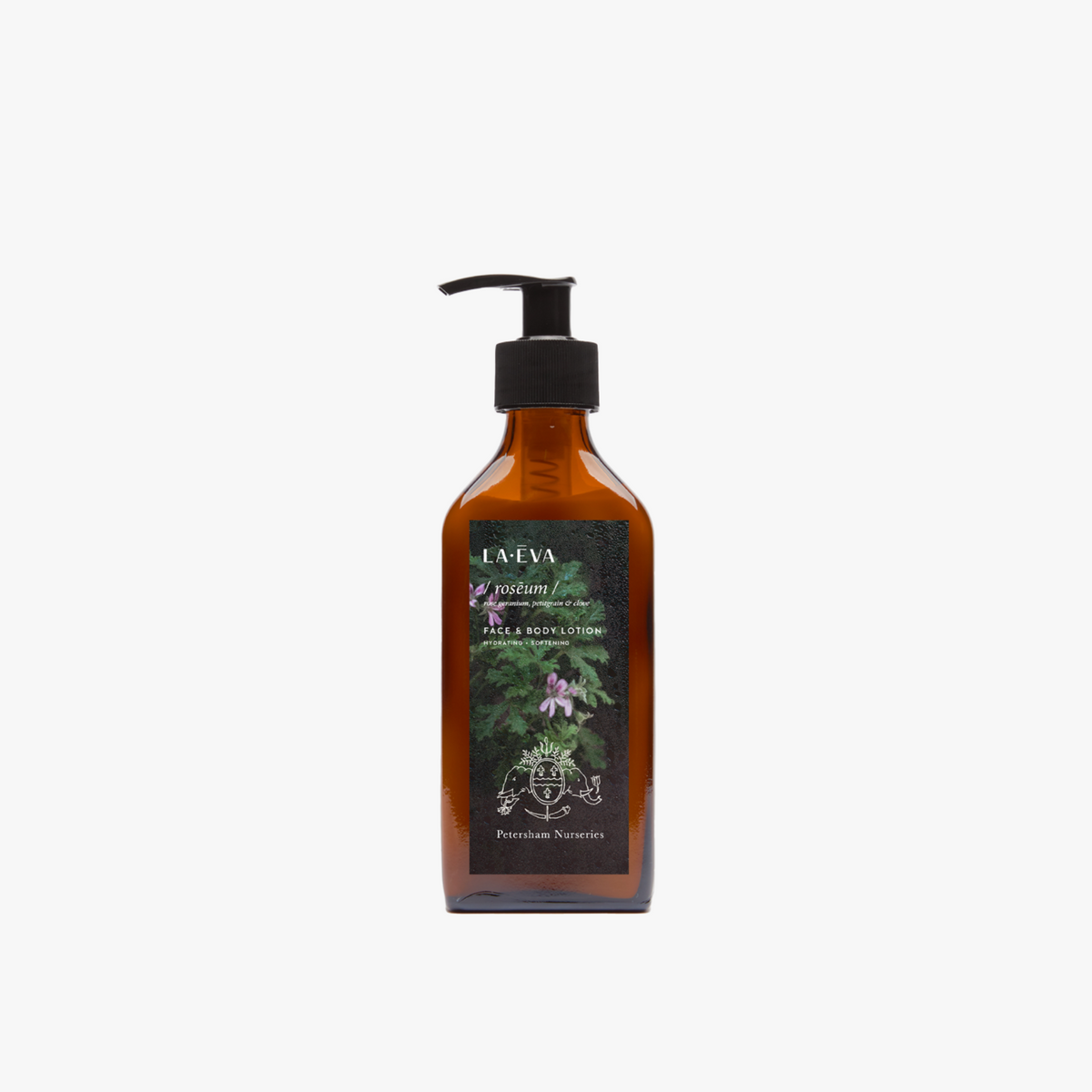 La Eva x Petersham Nurseries Roseum face and body lotion in a 200ml amber glass pump bottle