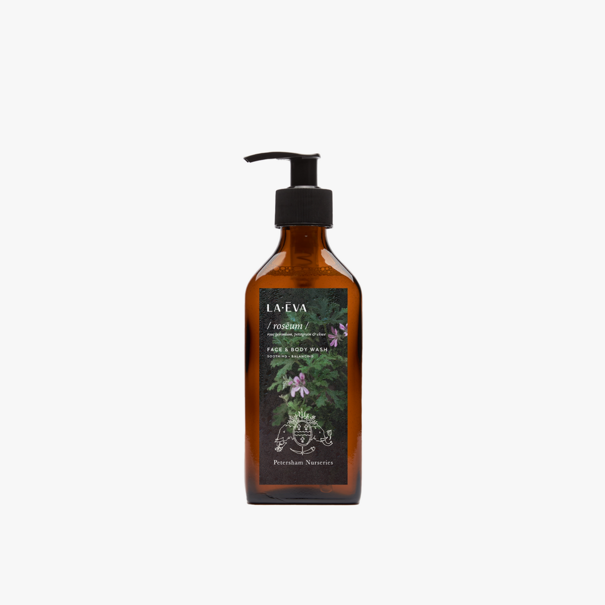 La Eva x Petersham Nurseries Roseum face and body wash in a 200ml amber glass pump bottle