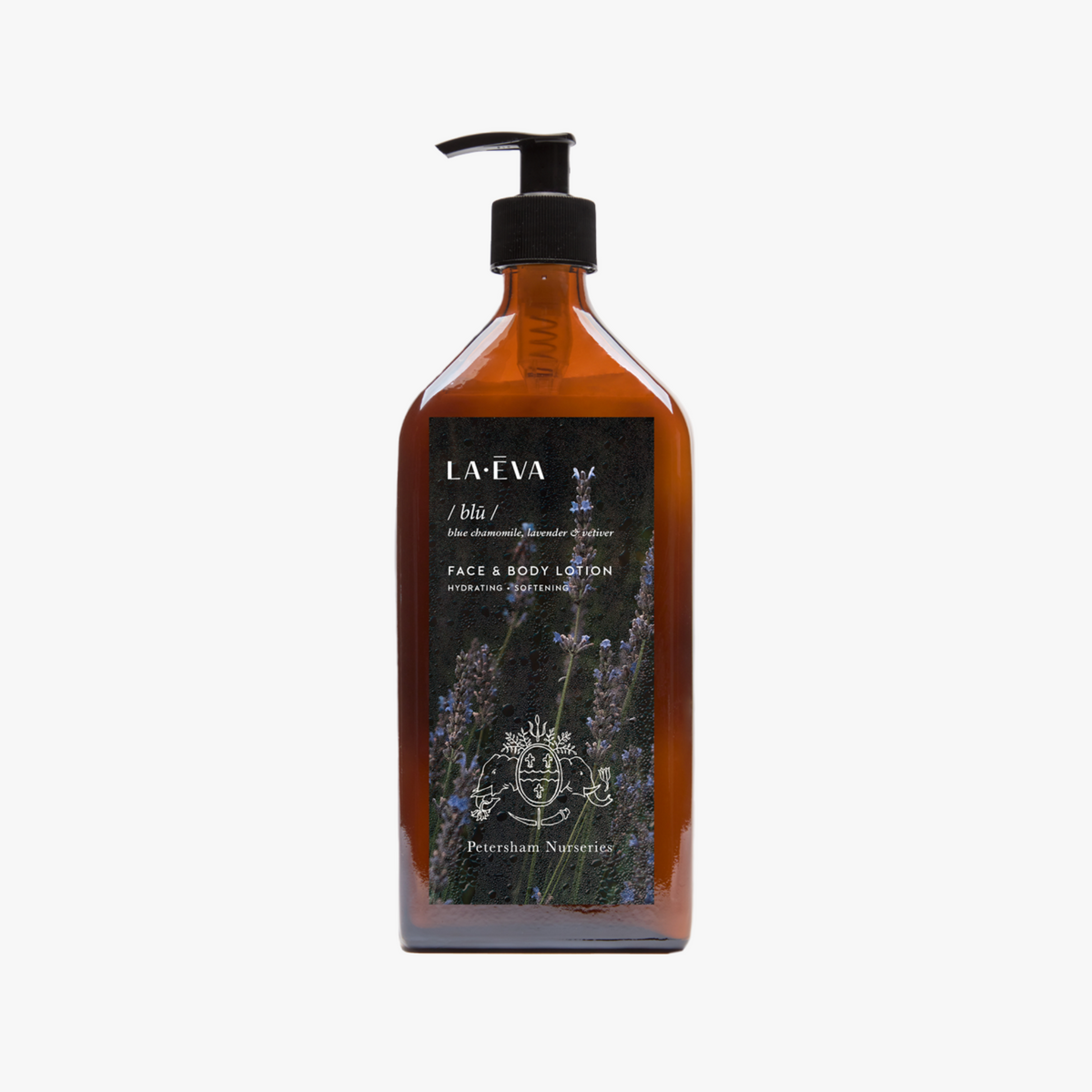 La Eva x Petersham Nurseries Blu face and body lotion in an amber glass pump bottle