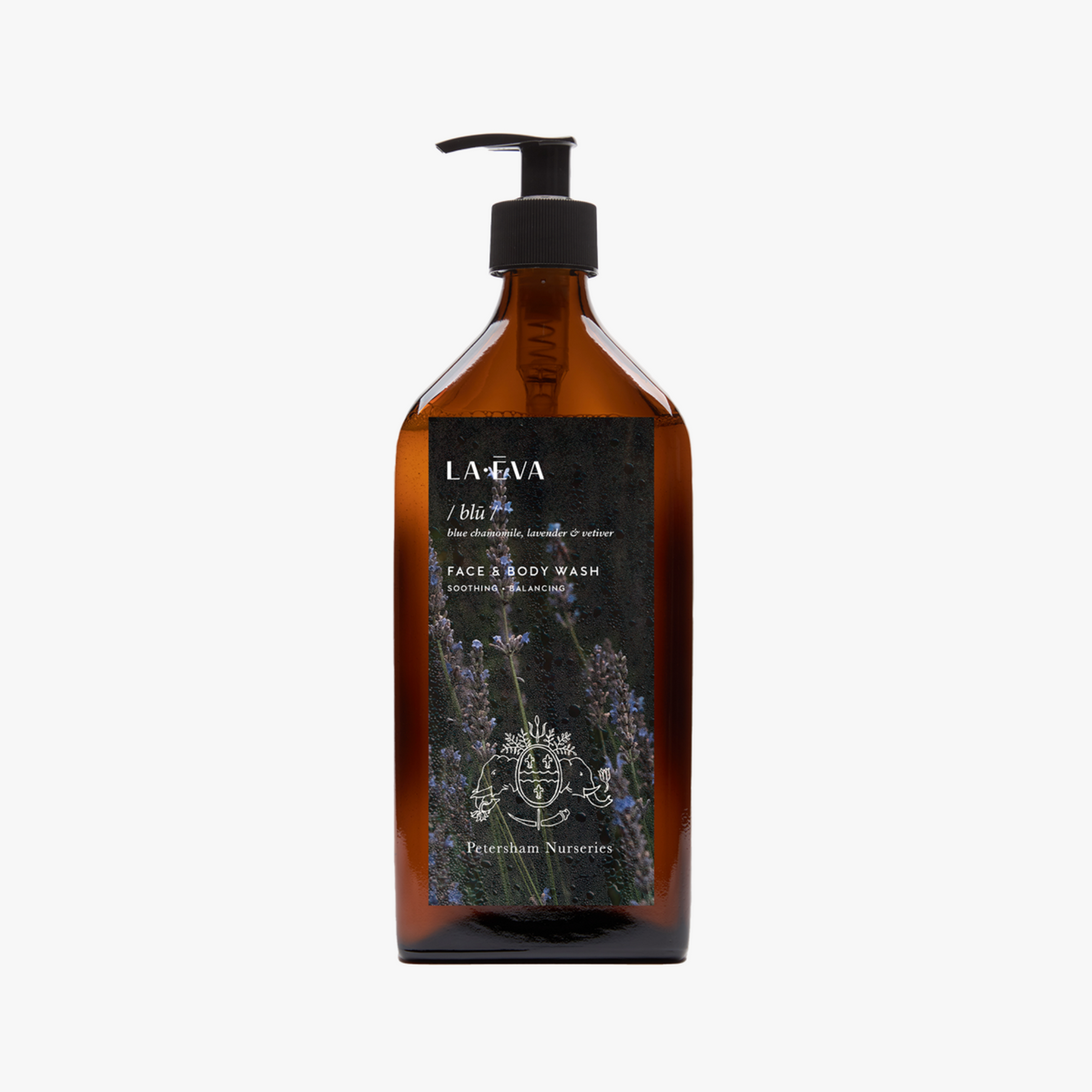 La Eva x Petersham Nurseries Blu face and body wash in an amber glass pump bottle