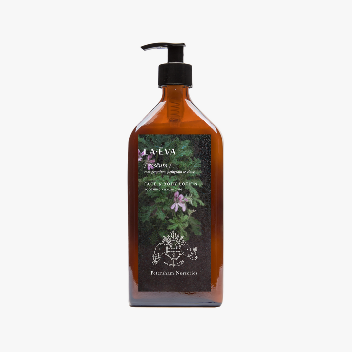 La Eva x Petersham Nurseries Roseum face and body lotion in a 500ml amber glass pump bottle