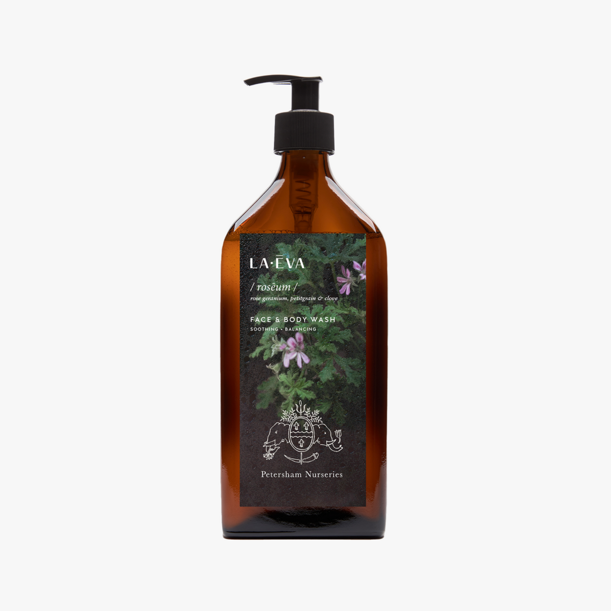 La Eva x Petersham Nurseries Roseum face and body wash in a 500ml amber glass pump bottle