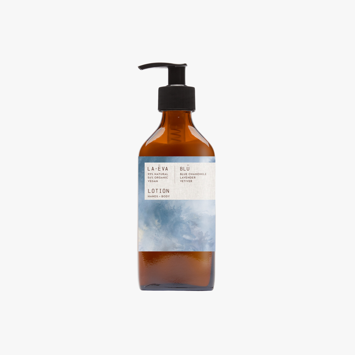 La Eva x Rose-Marie Caldicott Blu hand and body lotion in an amber glass pump bottle