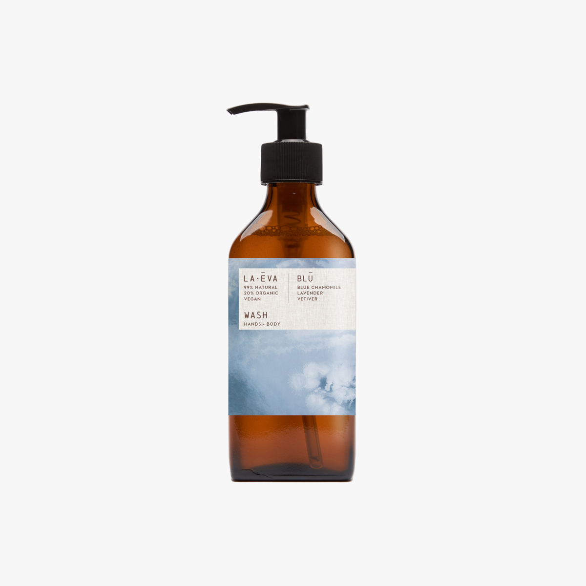 La Eva x Rose-Marie Caldicott Blu hand and body wash in an amber glass pump bottle