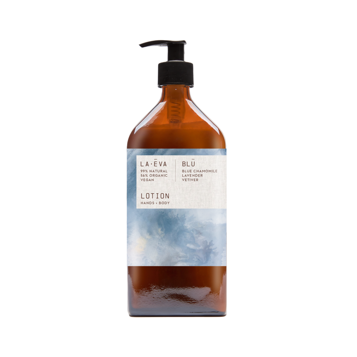 La Eva x Rose-Marie Caldicott Blu hand and body lotion in an amber glass pump bottle