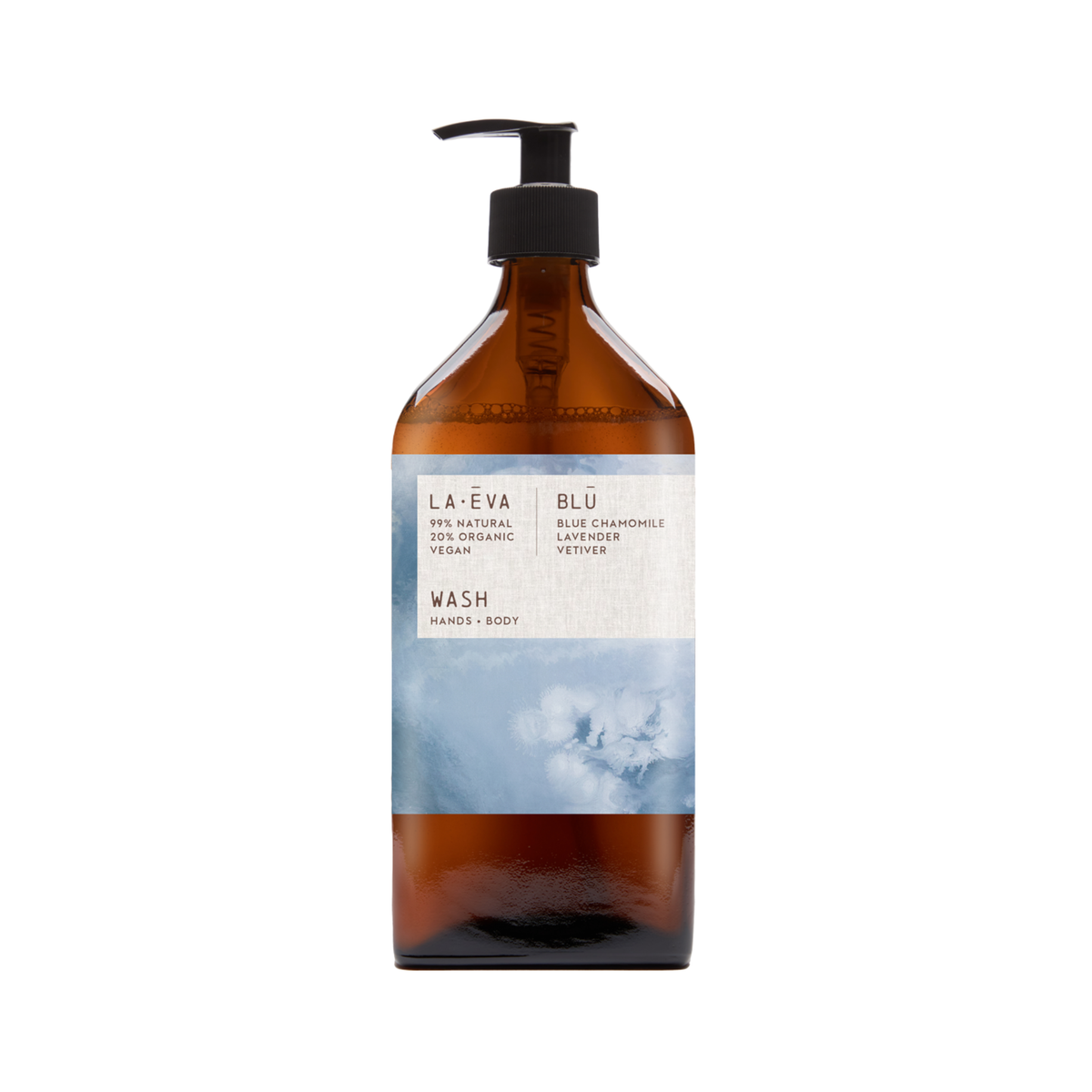 La Eva x Rose-Marie Caldicott Blu hand and body wash in an amber glass pump bottle