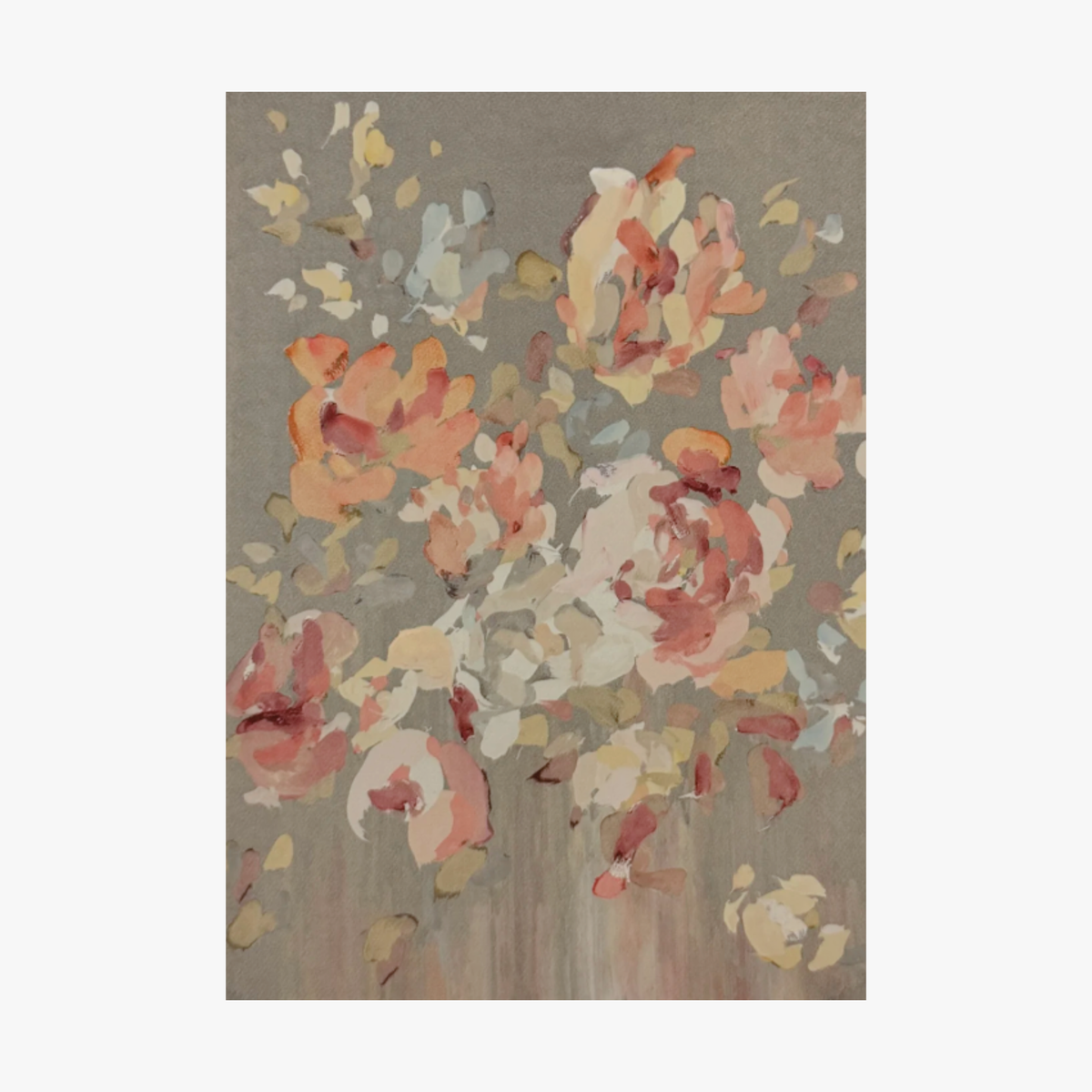 "At Your Pace" by Valeska Hykel for La-Eva Spice collection An abstract floral art print featuring soft, painterly rose-like blossoms in blush pink, cream, and muted gray tones against a textured slate-blue background.