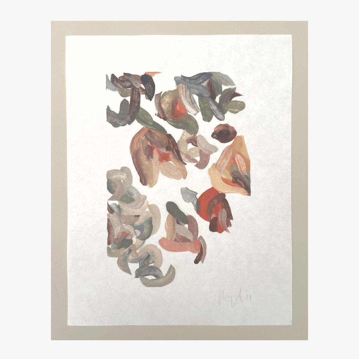 "Gentle Focus" by Valeska Hykel for La-Eva Jasmina collection An abstract floral art print featuring soft, painterly rose-like blossoms in blush pink, cream, and muted gray tones against a textured cream background.