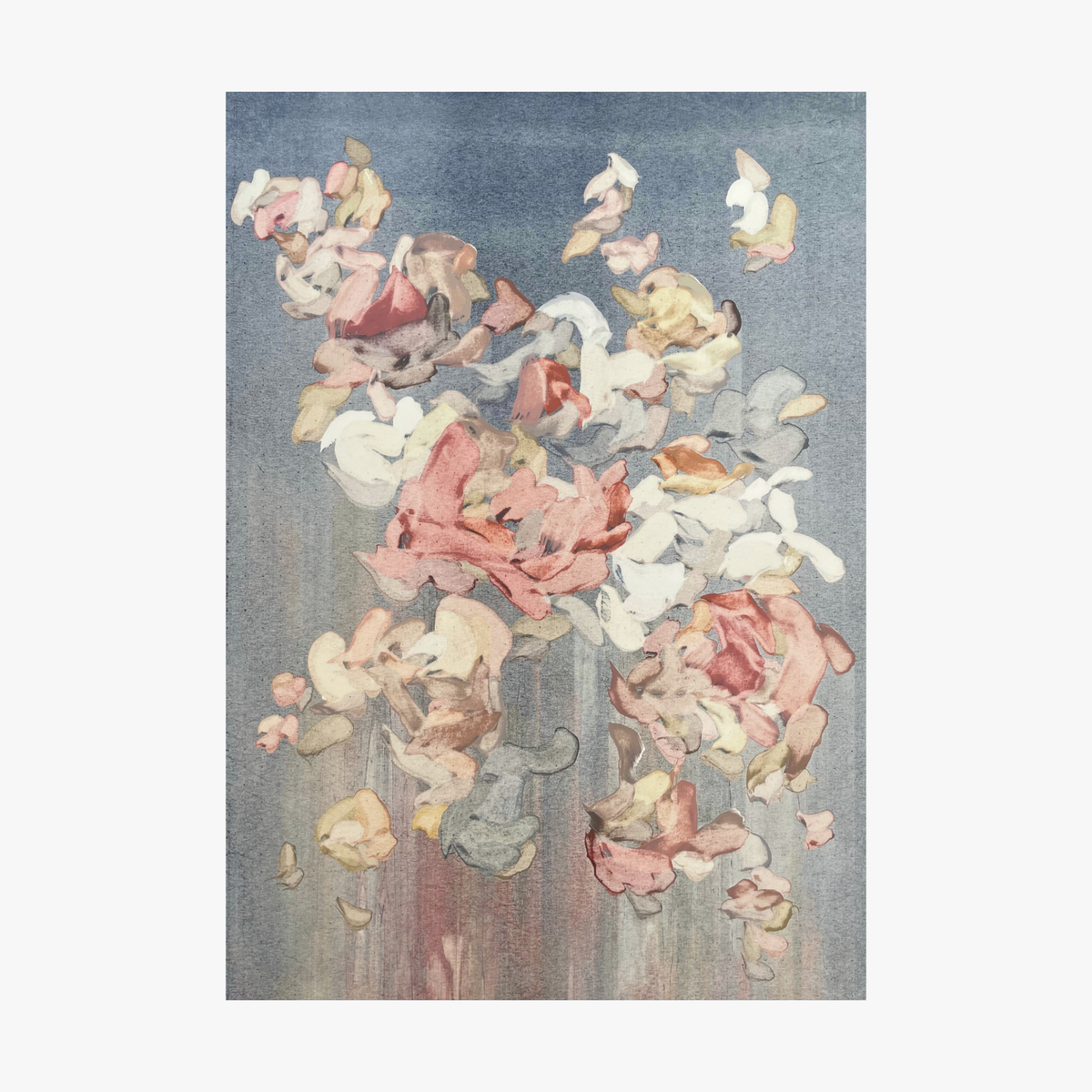 "Younger Together" by Valeska Hykel for La-Eva Roseum collection An abstract floral art print featuring soft, painterly rose-like blossoms in blush pink, cream, and muted gray tones against a textured cream-blue background.