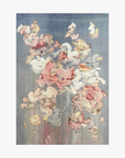 "Younger Together" original artwork by Valeska Hykel for La-Eva luxury amenities. An abstract floral art print featuring soft pink, white, and beige flower-like forms floating against a muted blue-gray background, shown centered on a light gray canvas.