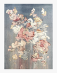 "Younger Together" by Valeska Hykel An abstract floral art print featuring soft, painterly rose-like blossoms in blush pink, cream, and muted gray tones against a textured slate-blue background.