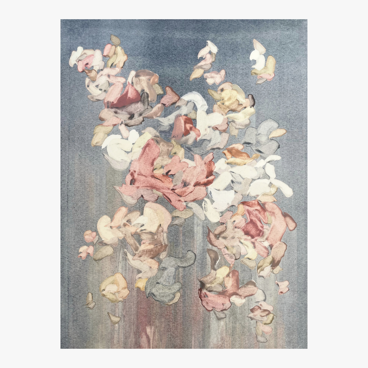 "Younger Together" by Valeska Hykel An abstract floral art print featuring soft, painterly rose-like blossoms in blush pink, cream, and muted grey tones against a textured slate-blue background.