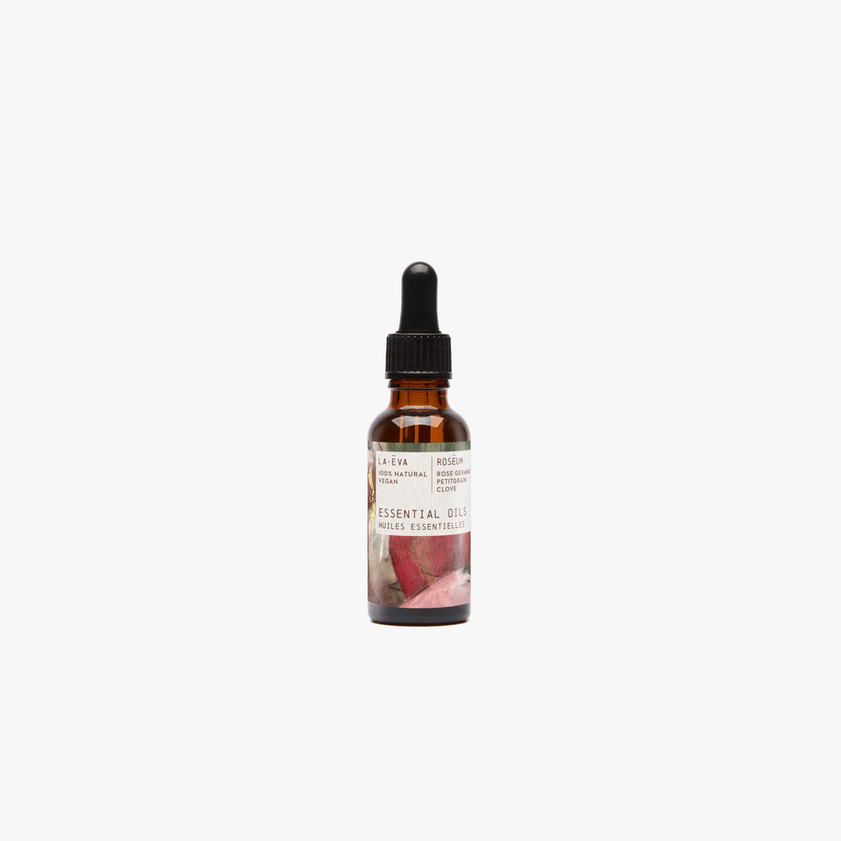 A bottle of Roseum Essential Oils with a dropper, on a white background.