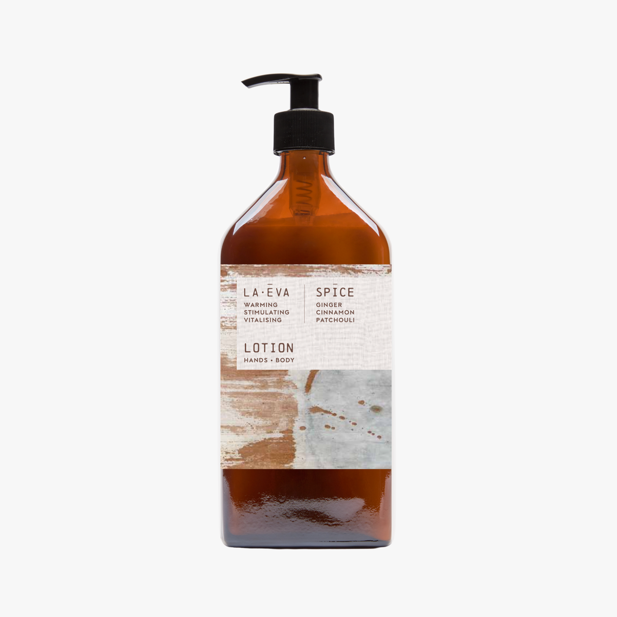 A recycled amber glass pump bottle of La-Eva Spice Hand & Body Lotion with a label featuring artwork by Emma Cassi,  Spicy wash; ginger, patchouli, cinnamon