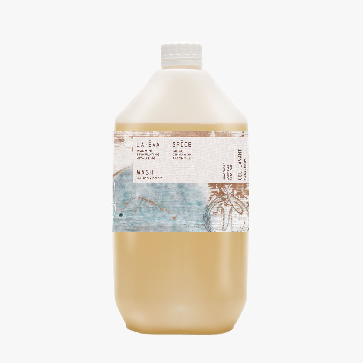 A 5-litre bottle of La-Eva spice hand and body wash with a label featuring Emma Cassi artwork and the brand name LA EVA. Spicy wash; ginger, patchouli, cannelle