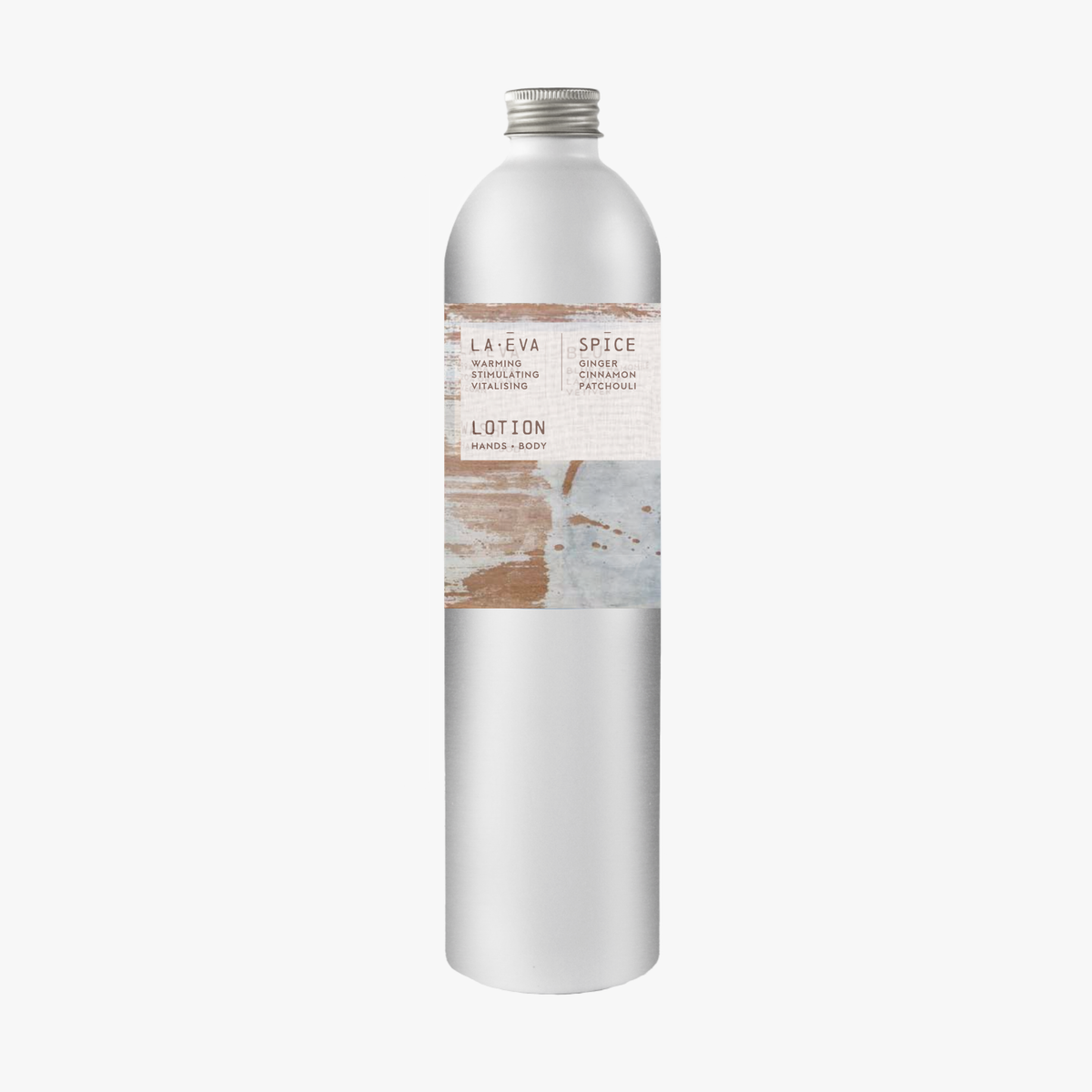 A tall, slender aluminium bottle of La-Eva  spicey Hand & Body lotion sustainable refill. Label featuring Emma Cassi artwork.