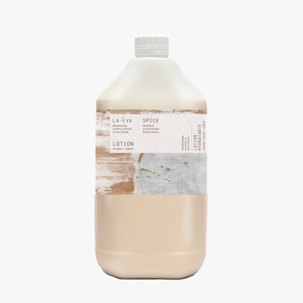 A 5-litre bottle of La-Eva spice hand and body lotion with a label featuring Emma Cassi artwork and the brand name LA EVA. Spicy wash; ginger, patchouli, cannelle