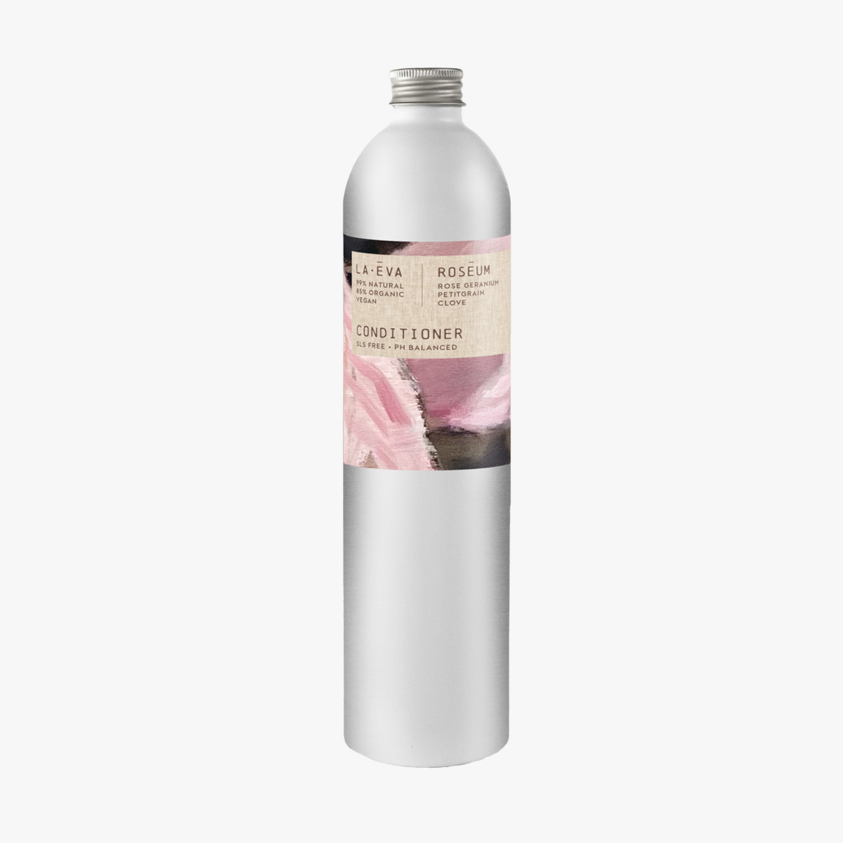 A tall, slender aluminium bottle of Roseum Conditioner sustainable refill. Label featuring Meinke Flessemen artwork.