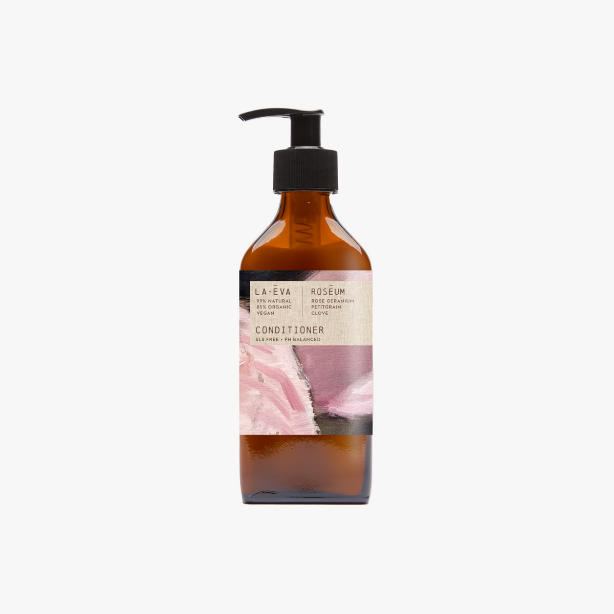 A recycled amber glass pump bottle of Roseum Conditioner with a label featuring 'Flamingos' artwork by Meinke Flessemen and the text 'roséum' part of the rose geranium botanical, Pelargonium roseum.