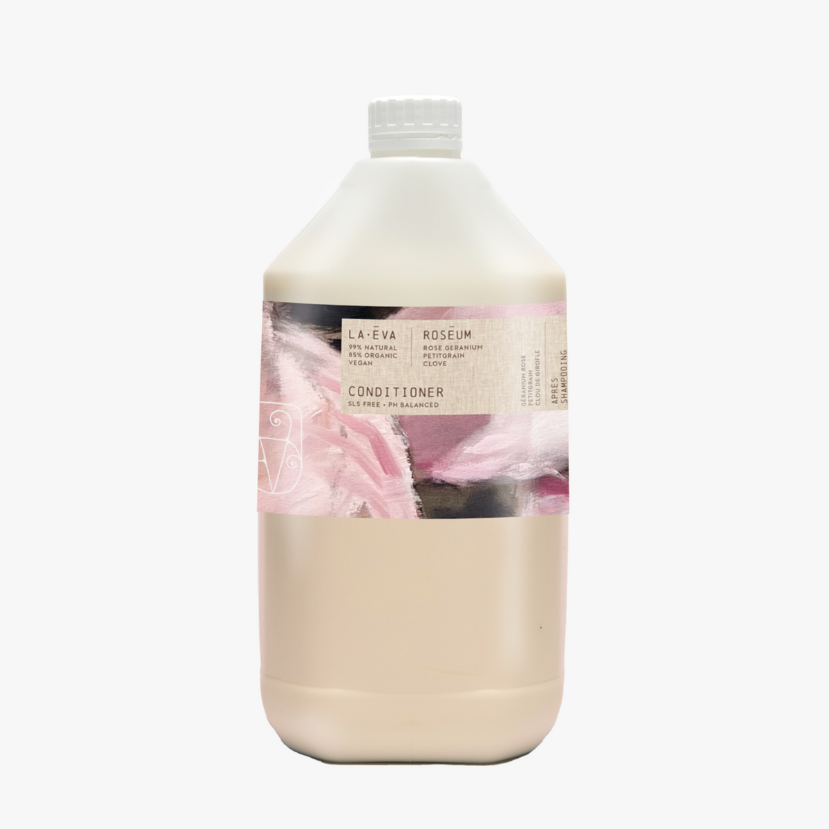 A 5L jerrycan bottle of LA-EVA conditioner refill with a label featuring 'Flamingos' artwork by Meinke Flessemen, indicating the rose geranium botanical and floral fragrance.