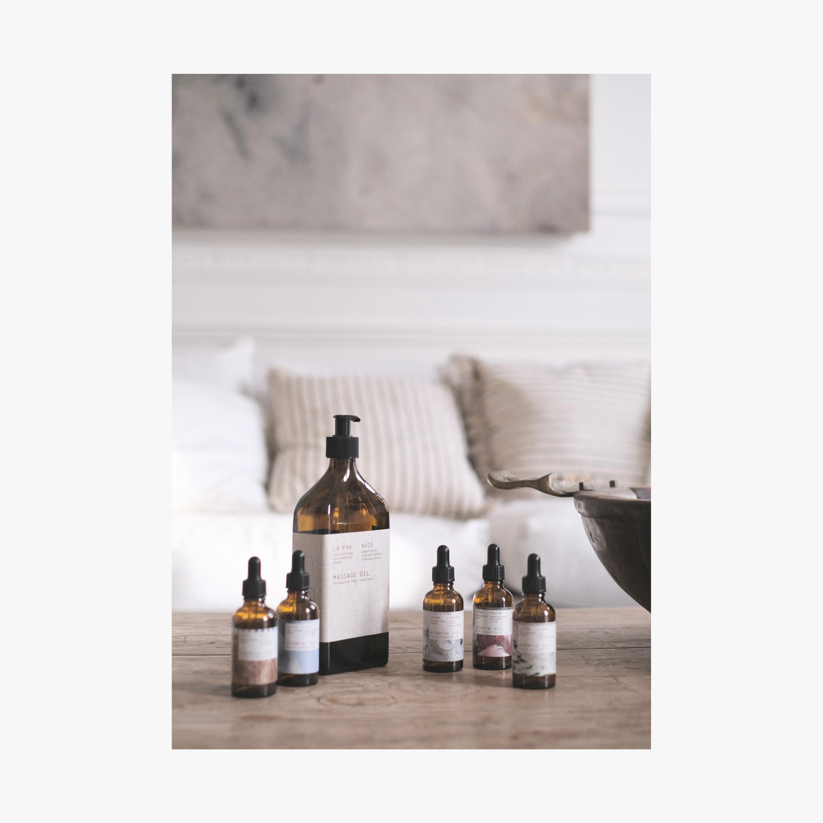 Lifestyle: collection of La-Eva luxury ethical spa supplies. Essential oils and nut-free massage oil