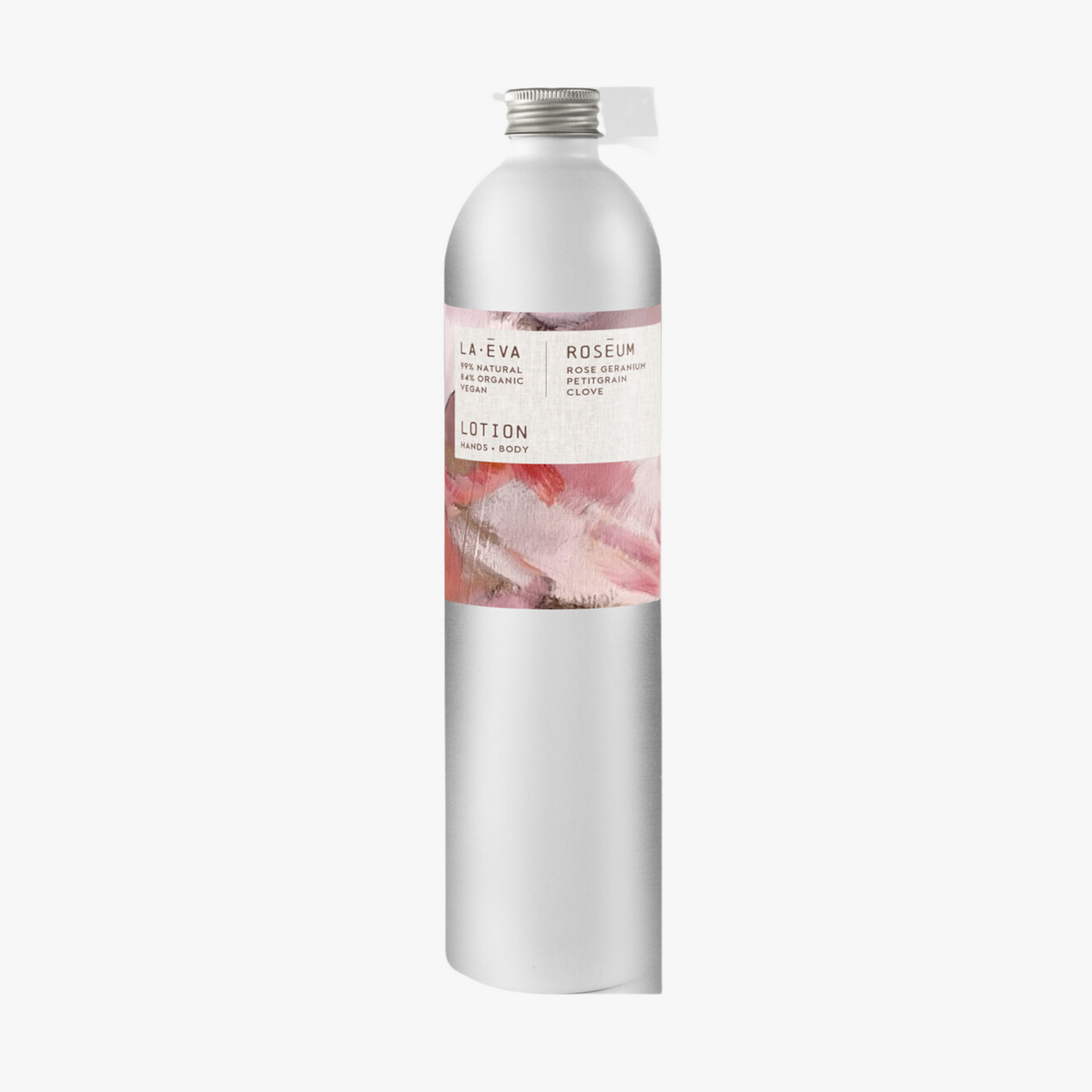 A tall, slender aluminium bottle of Roseum hand and body lotion sustainable refill. Label featuring Meinke Flessemen artwork.