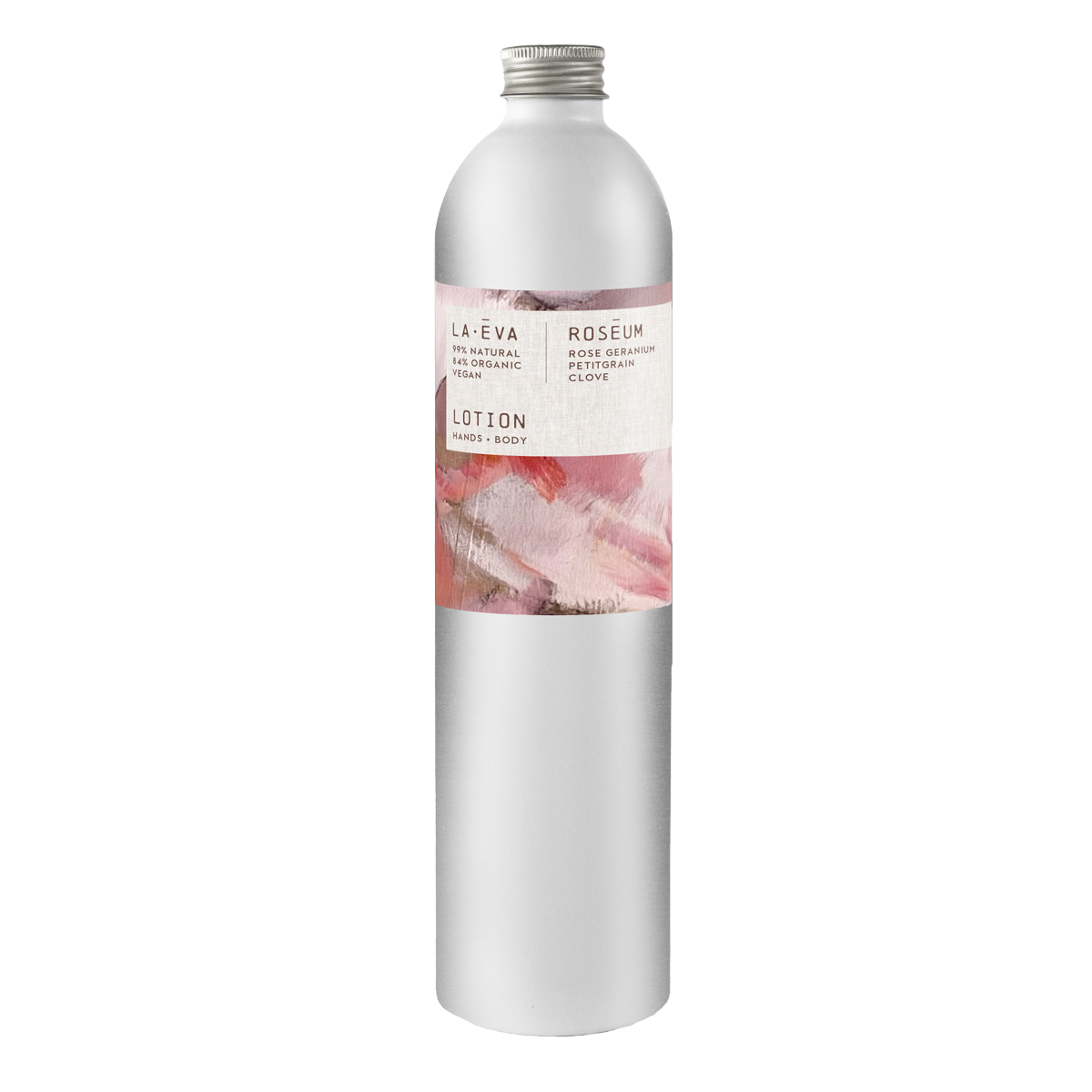 A tall, slender aluminium bottle of Roseum hand and body lotion sustainable refill. Label featuring Meinke Flessemen artwork.