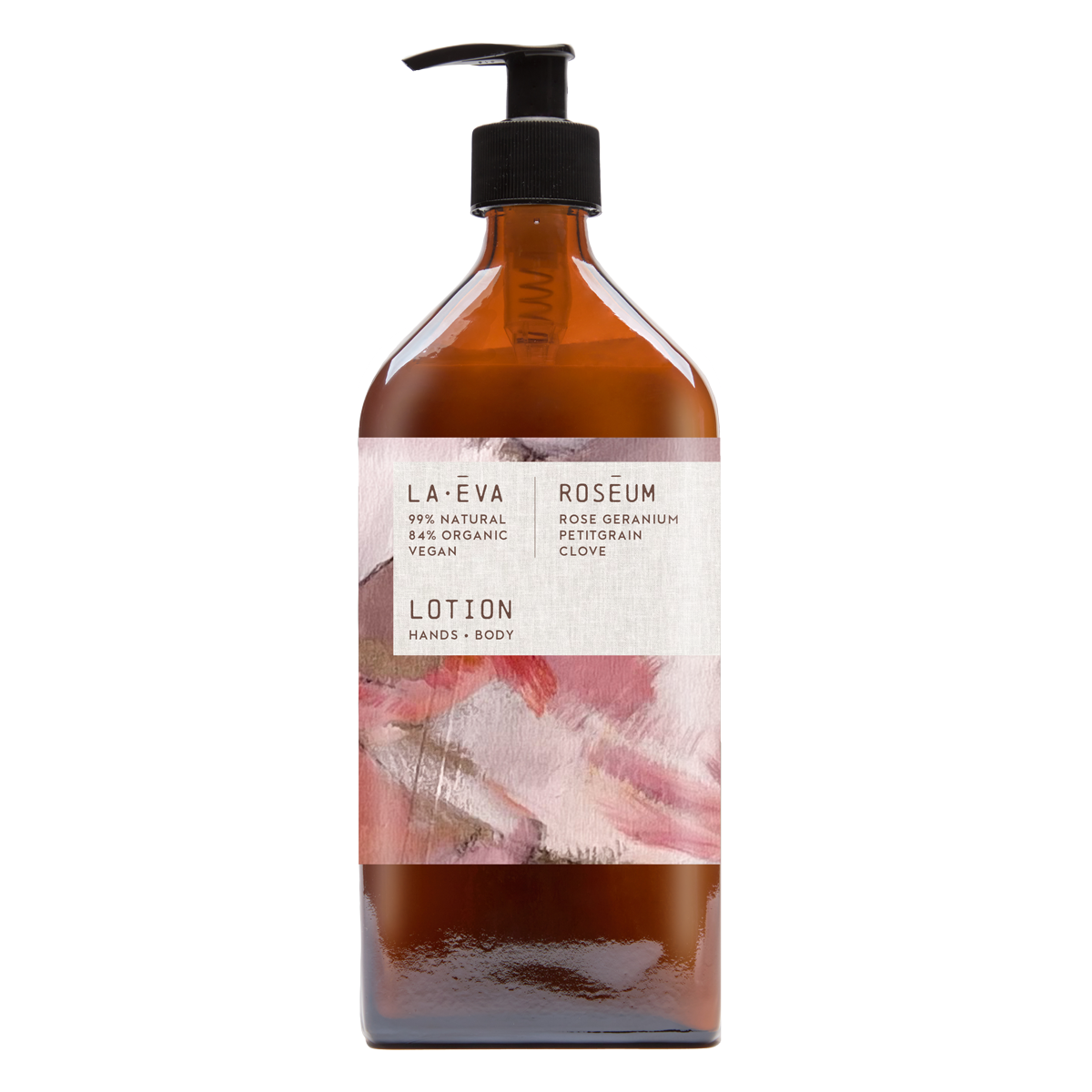 A 500ml recycled amber glass pump bottle of Roseum Hand & Body Lotion with a label featuring 'Flamingos' artwork by Meinke Flessemen and the text 'roséum' part of the rose geranium botanical, Pelargonium roseum.