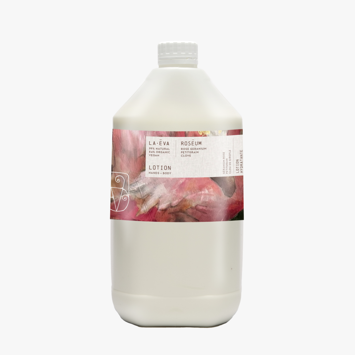 La-Eva Roseum Hand & Body lotion 5l refillable, featuring art by Meinke Flessemen