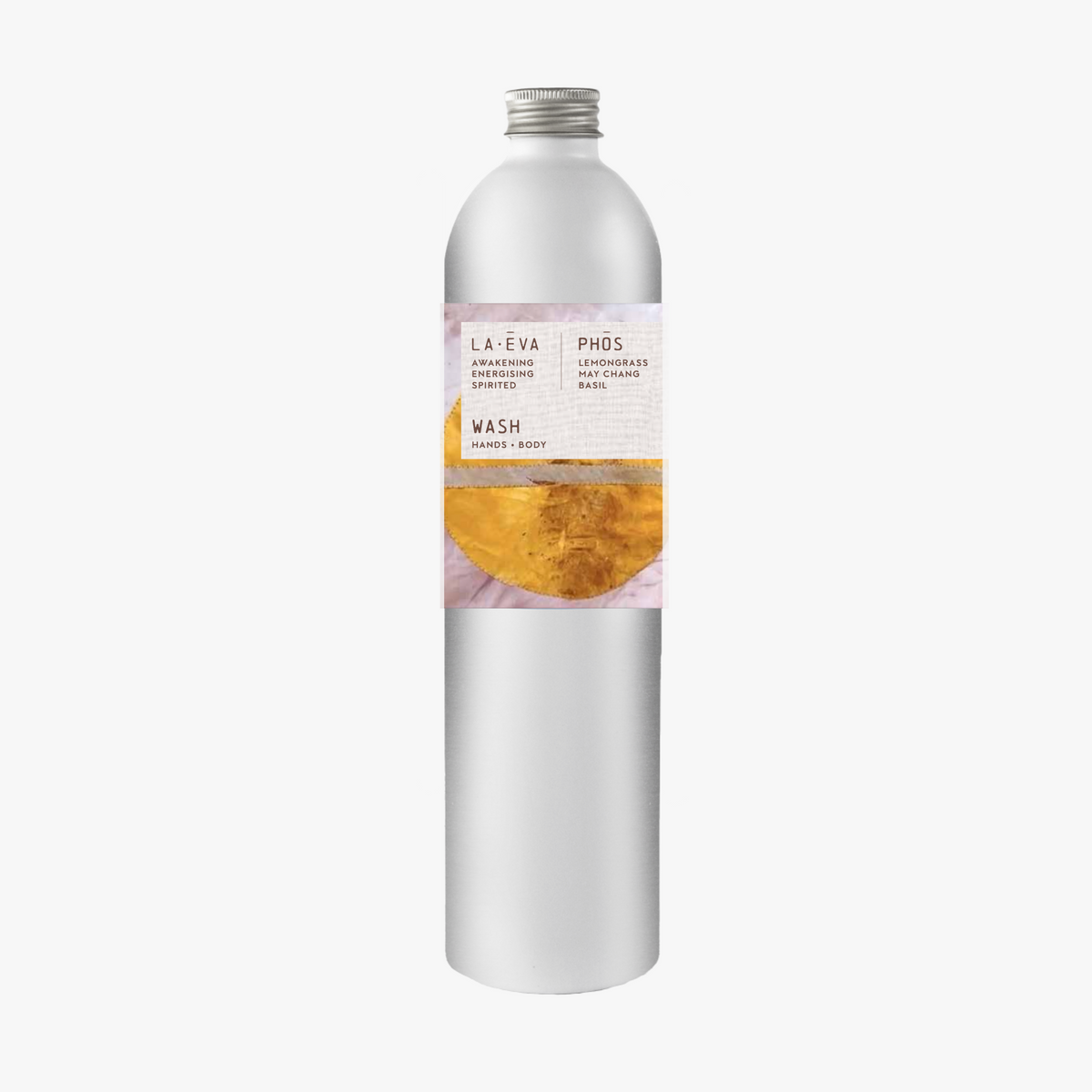 A tall, slender aluminium bottle of Phos Hand & Wash sustainable refill. Label featuring Emma Cassi artwork.