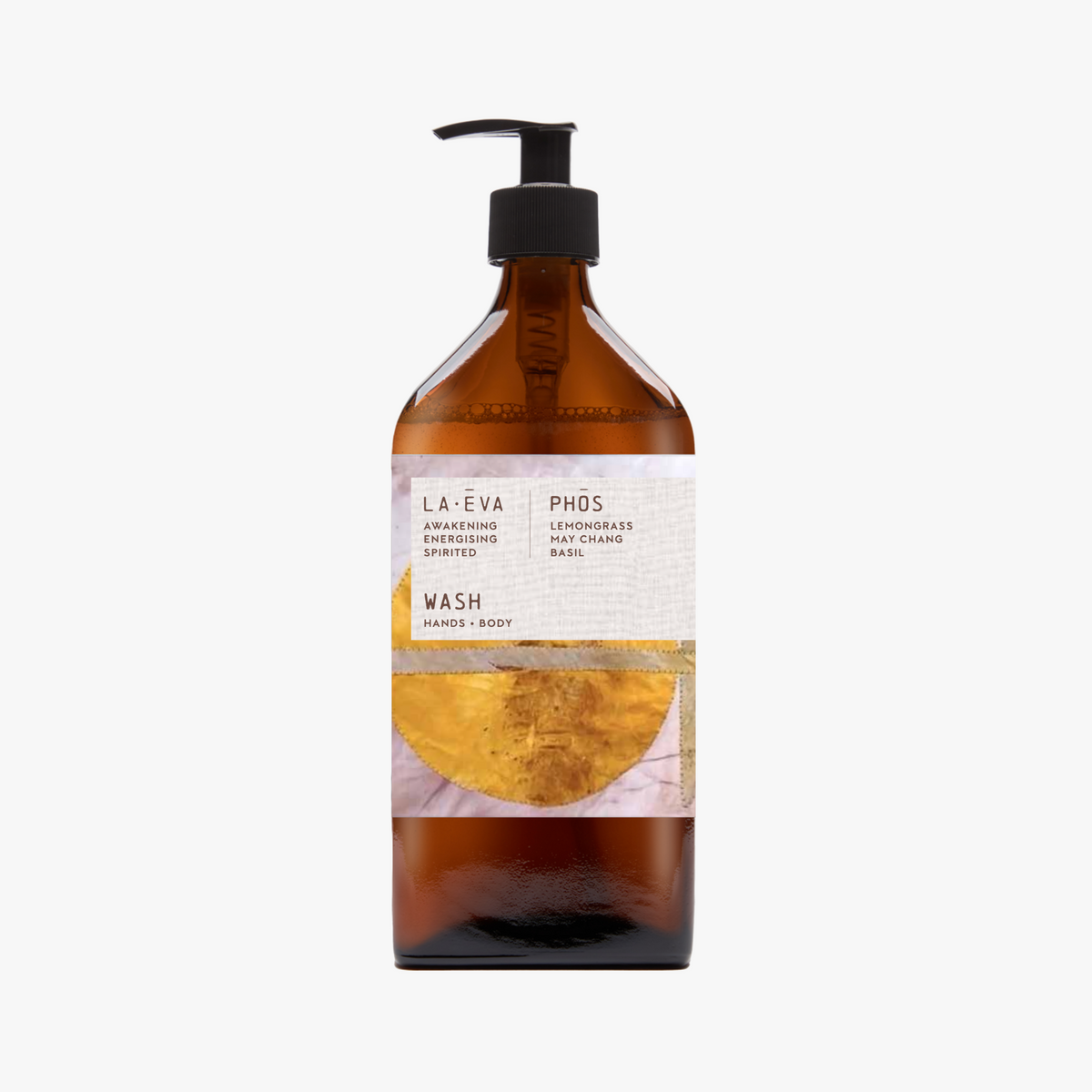 A recycled amber glass pump bottle of Phos Hand & Body Wash with a label featuring artwork by Emma Cassi, Phos; lemongrass, may chang and basil
