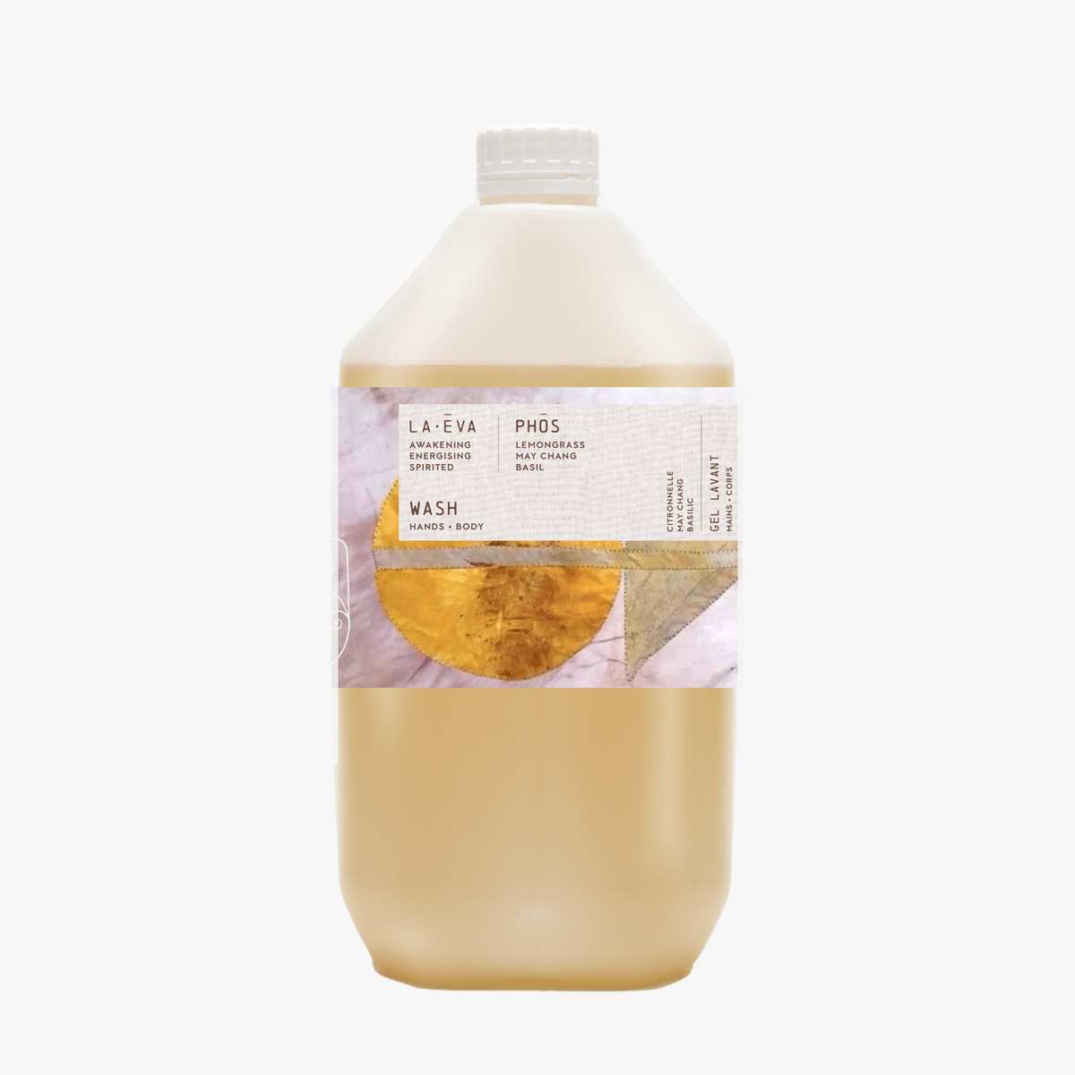 A 5-litre bottle of La-Eva Phos hand and body lotion with a label featuring Emma Cassi artwork and the brand name LA EVA.