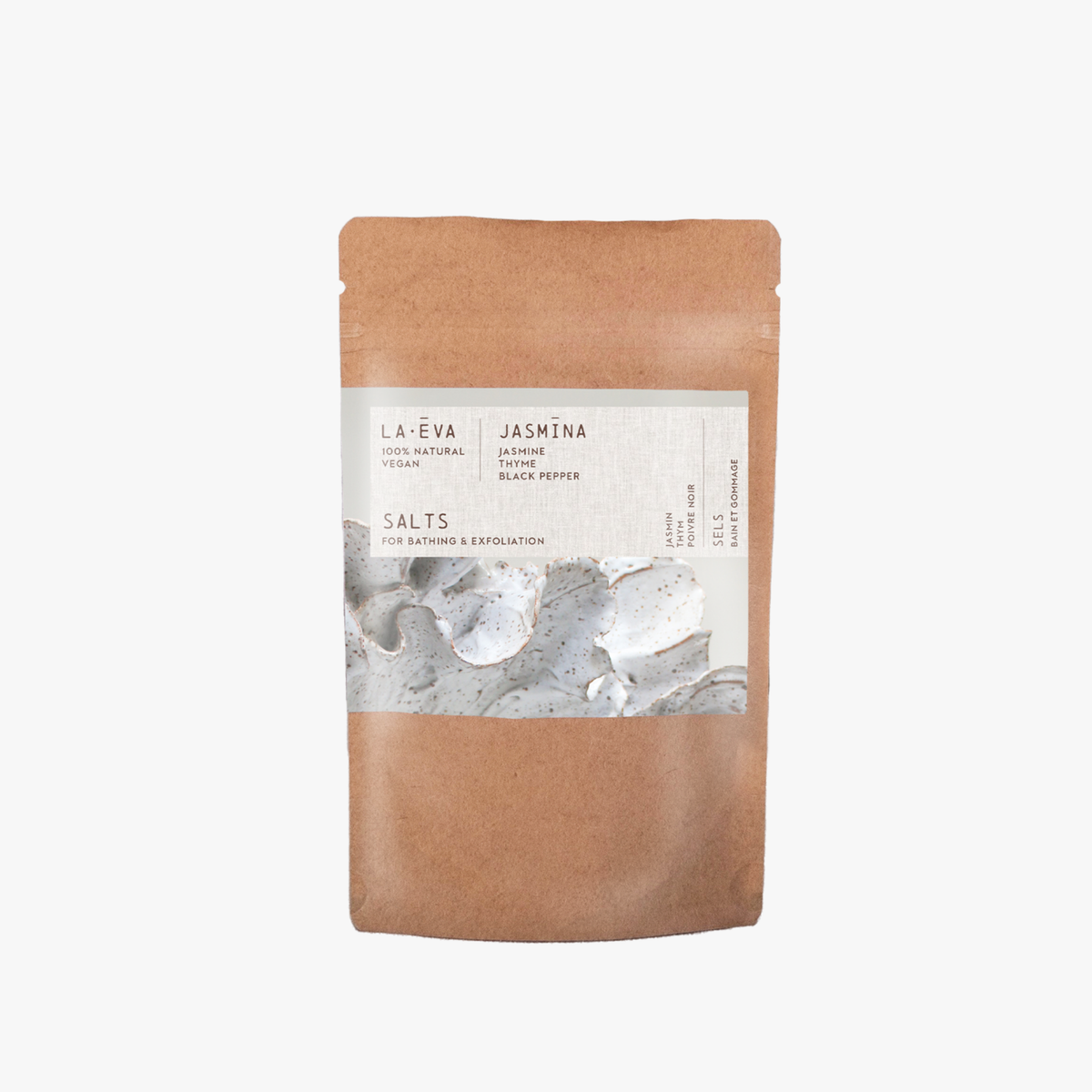 A package of La Eva Jasmina Exfoliant & Bath Salts with a label featuring artwork by Katie Coston
