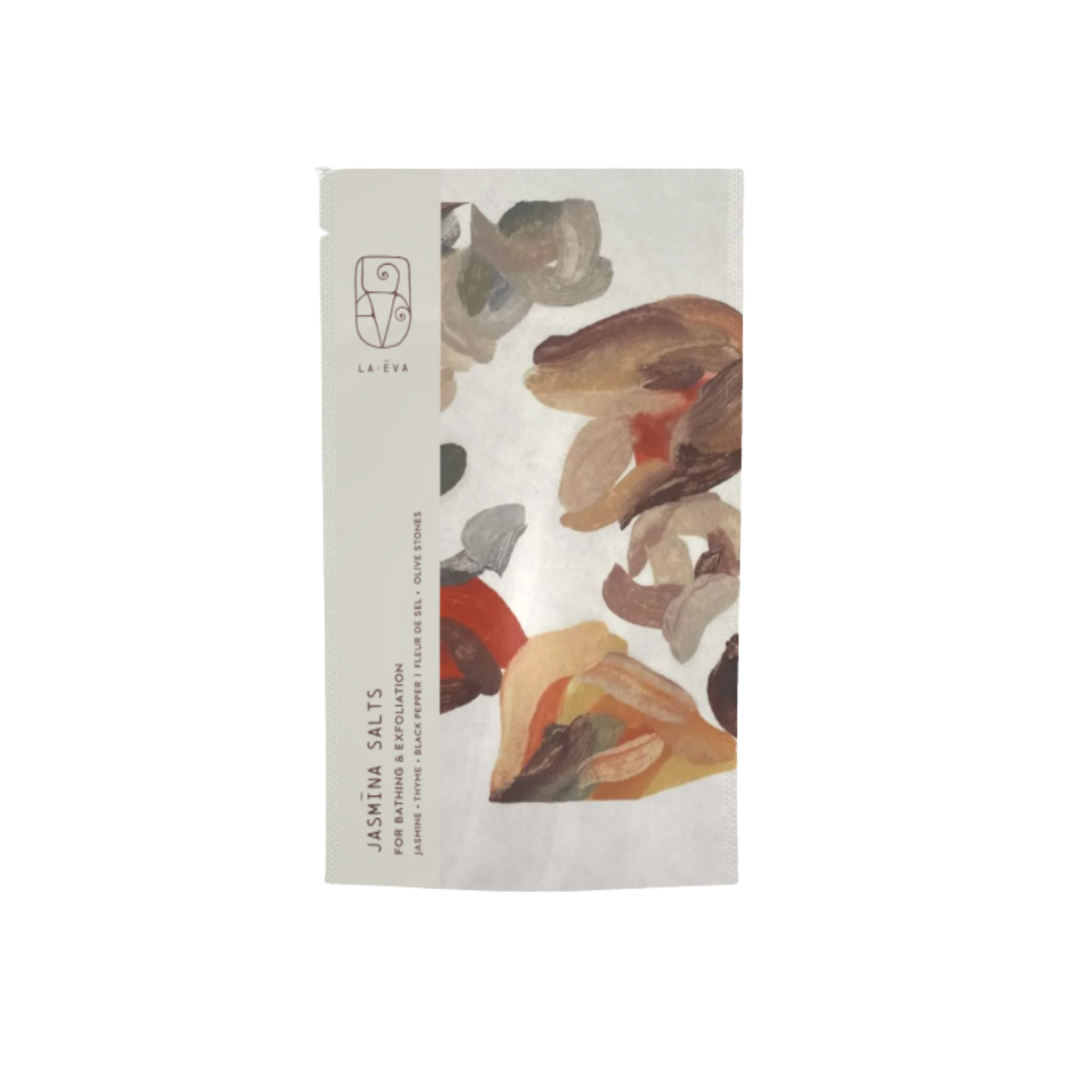A package of La-Eva Jasmina Exfoliant & Bath Salts with a label featuring artwork "Gentle Focus" by Valeska Hykel