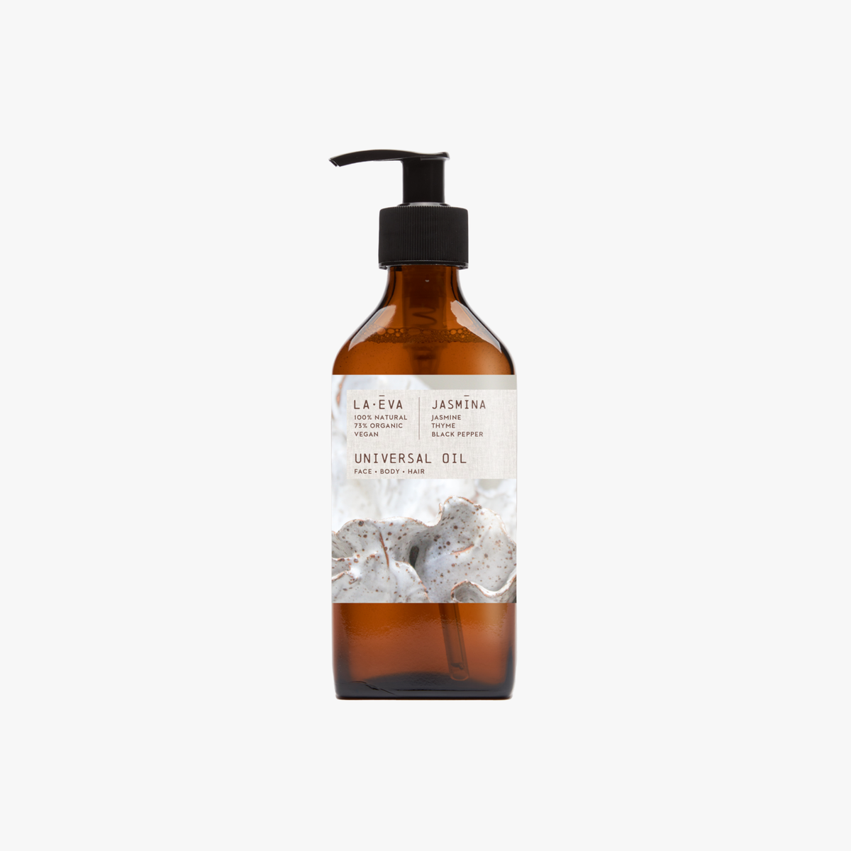 A bottle of Jasmina Universal Oil with a pump dispenser, set against a plain background.