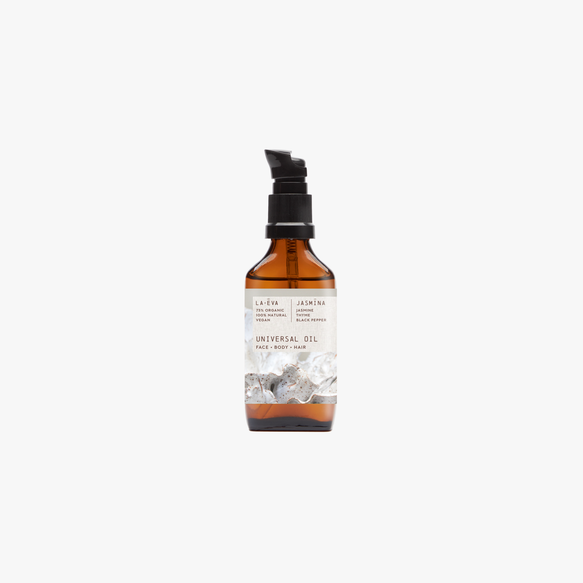 A bottle of Jasmina Universal Oil with a pump dispenser, set against a plain background.