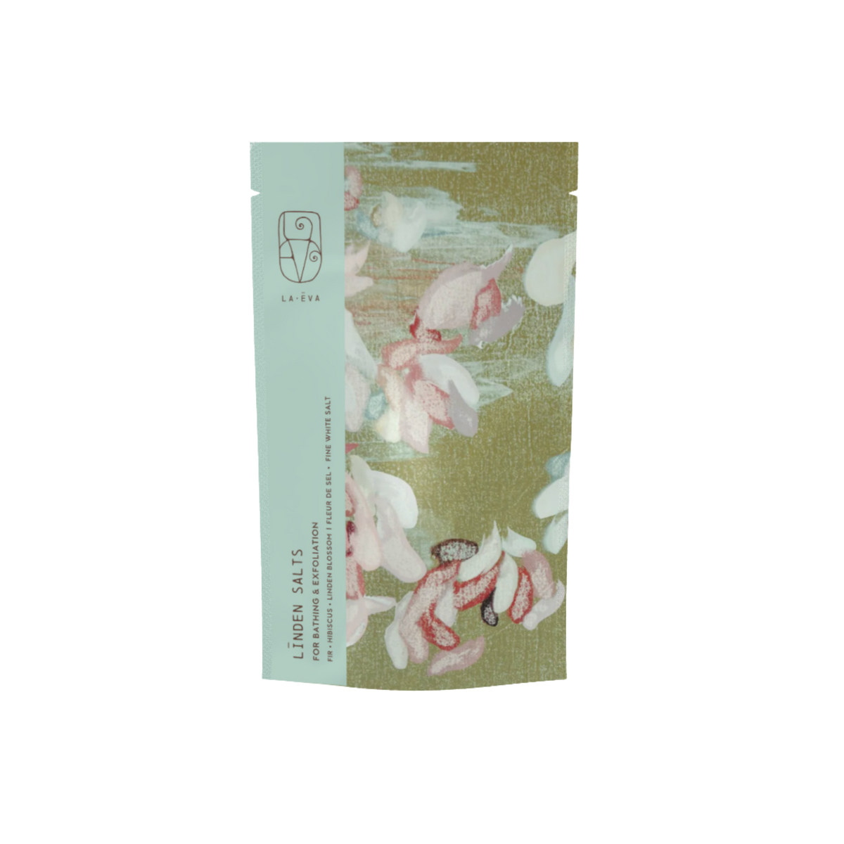 A package of La-Eva Linden Exfoliant & Bath Salts with a label featuring artwork "Bleached" by Valeska Hykel