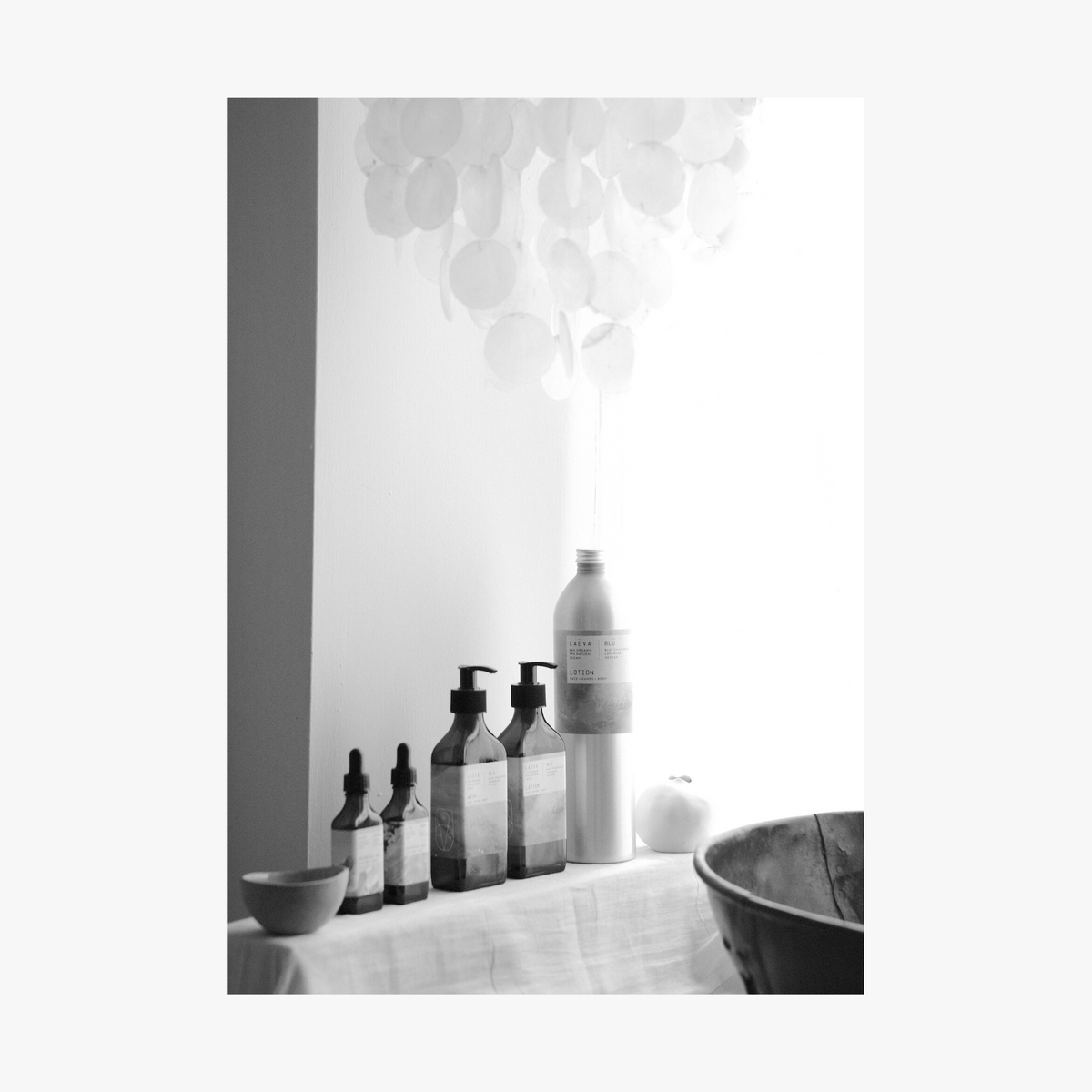 Lifestyle: collection of Roseum hand and body wash and lotion sustainable refill. Label featuring Meinke Flessemen artwork.