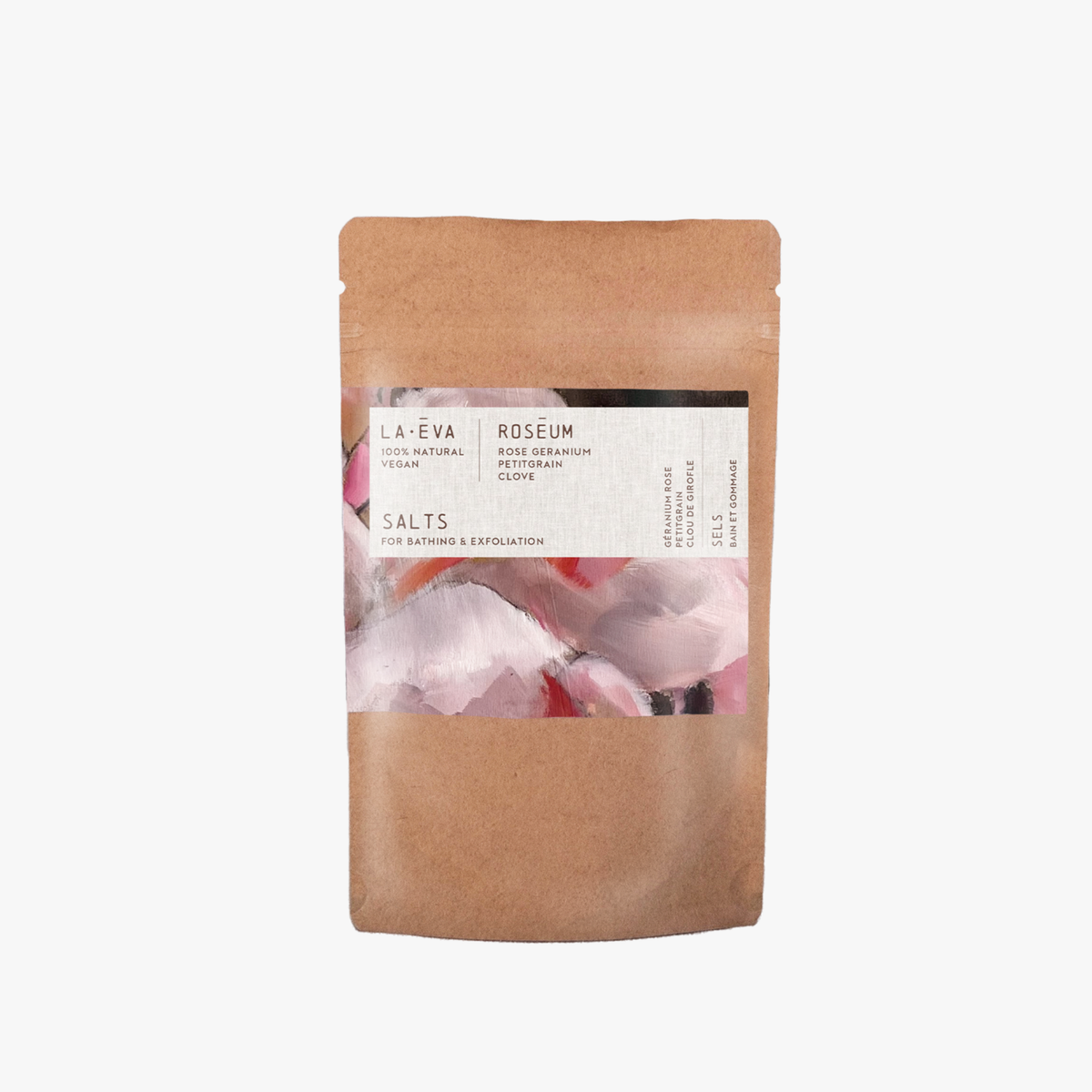 A package of La Eva Roseum Exfoliant & Bath Salts with a label featuring artwork by Meinke Flessemen